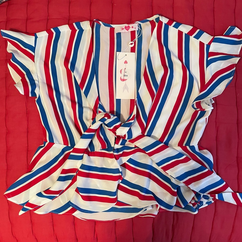 Buddy Love Red White and Blue Striped Tie Crop Top Size Medium